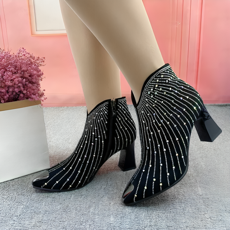 Stylish Rhinestone Ankle Boots, Black, Zip, Pointed