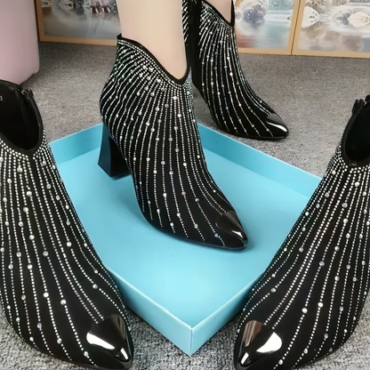 Stylish Rhinestone Ankle Boots, Black, Zip, Pointed