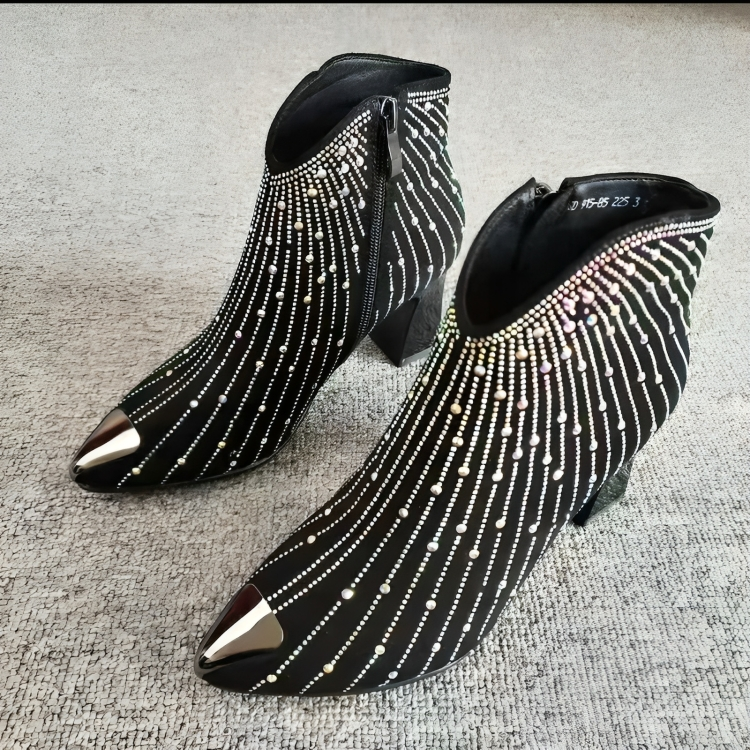 Stylish Rhinestone Ankle Boots, Black, Zip, Pointed