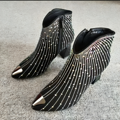 Stylish Rhinestone Ankle Boots, Black, Zip, Pointed