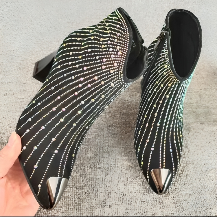 Stylish Rhinestone Ankle Boots, Black, Zip, Pointed