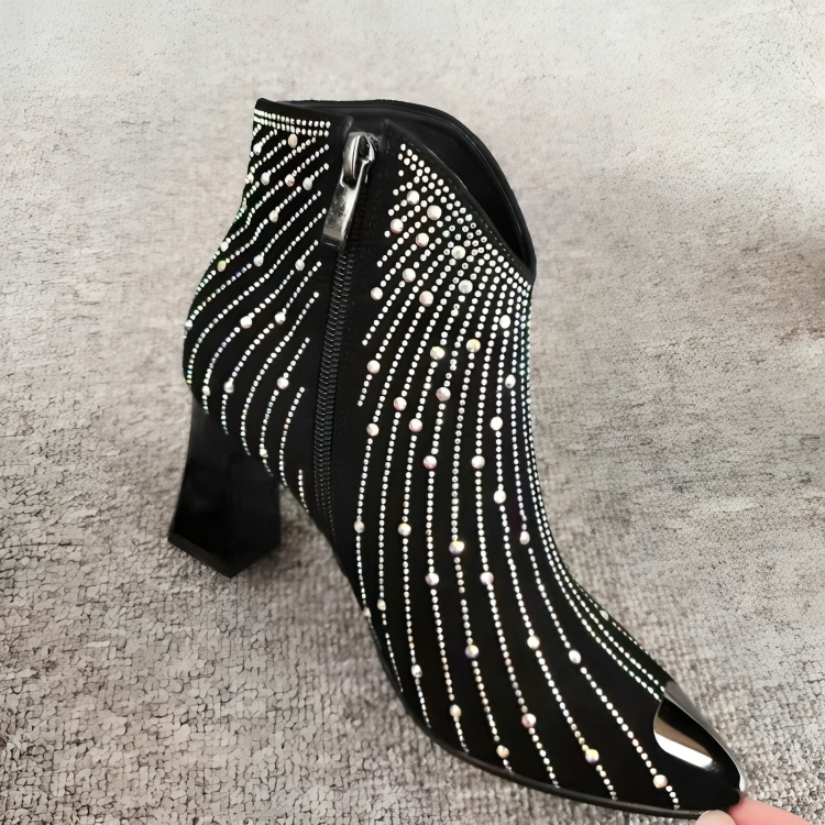 Stylish Rhinestone Ankle Boots, Black, Zip, Pointed